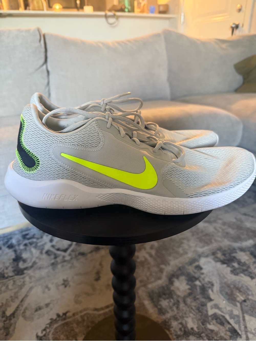 Nike Men's Flex Light Grey Sneakers with Neon Yellow Swoosh US 12
